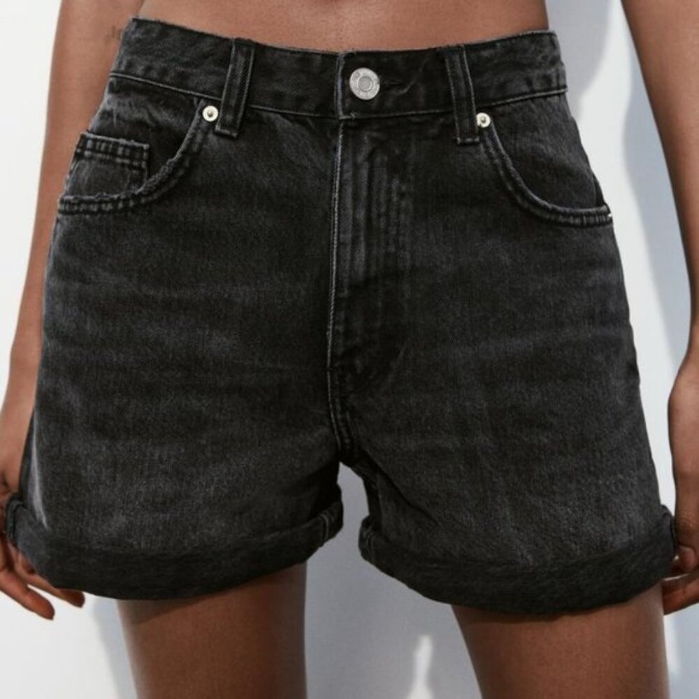 Zara Women's TRF HIGH-WAISTED MOM FIT DENIM SHORTS Black - Picture 3 of 9